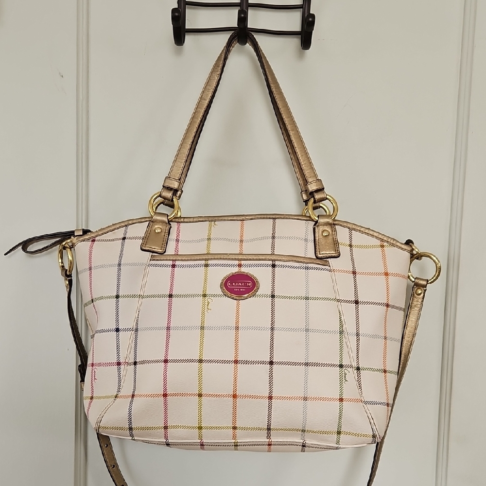 Coach Peyton Tattersall White/Plaid Leather Shoulder Tote Bag with Gold Trim